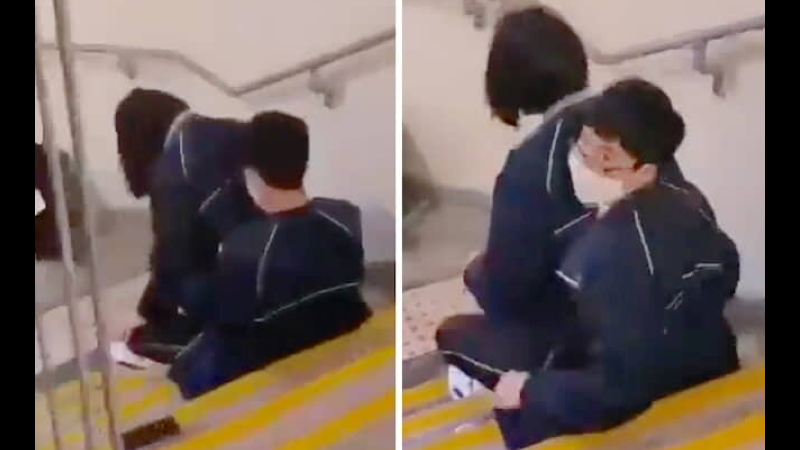 授業サボって学校の階段でセックスしてた高校生カップルに突撃！チ◯ポ抜いてそそくさ退散する姿がリアルすぎるwww